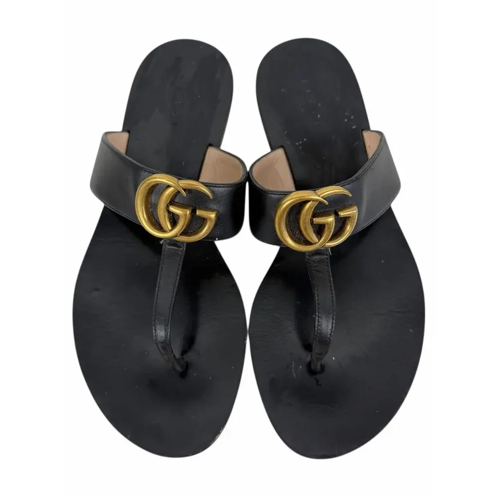 Gucci Black Leather Thong Sandal Gold Double G Logo Size 36.5 - Picture 4 of 15